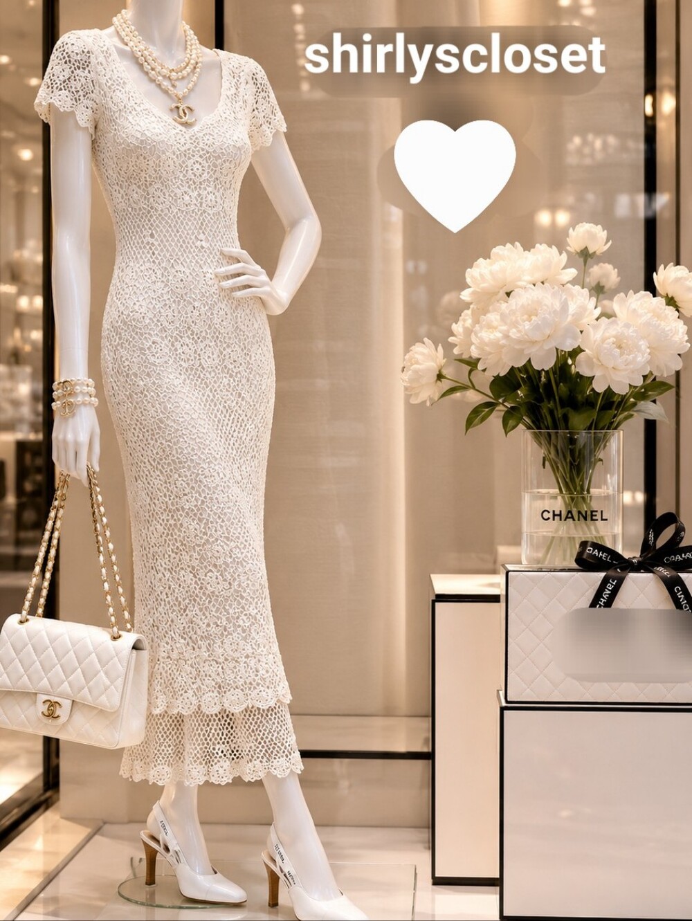 Cream Crochet Midi Dress with Scalloped Hem
